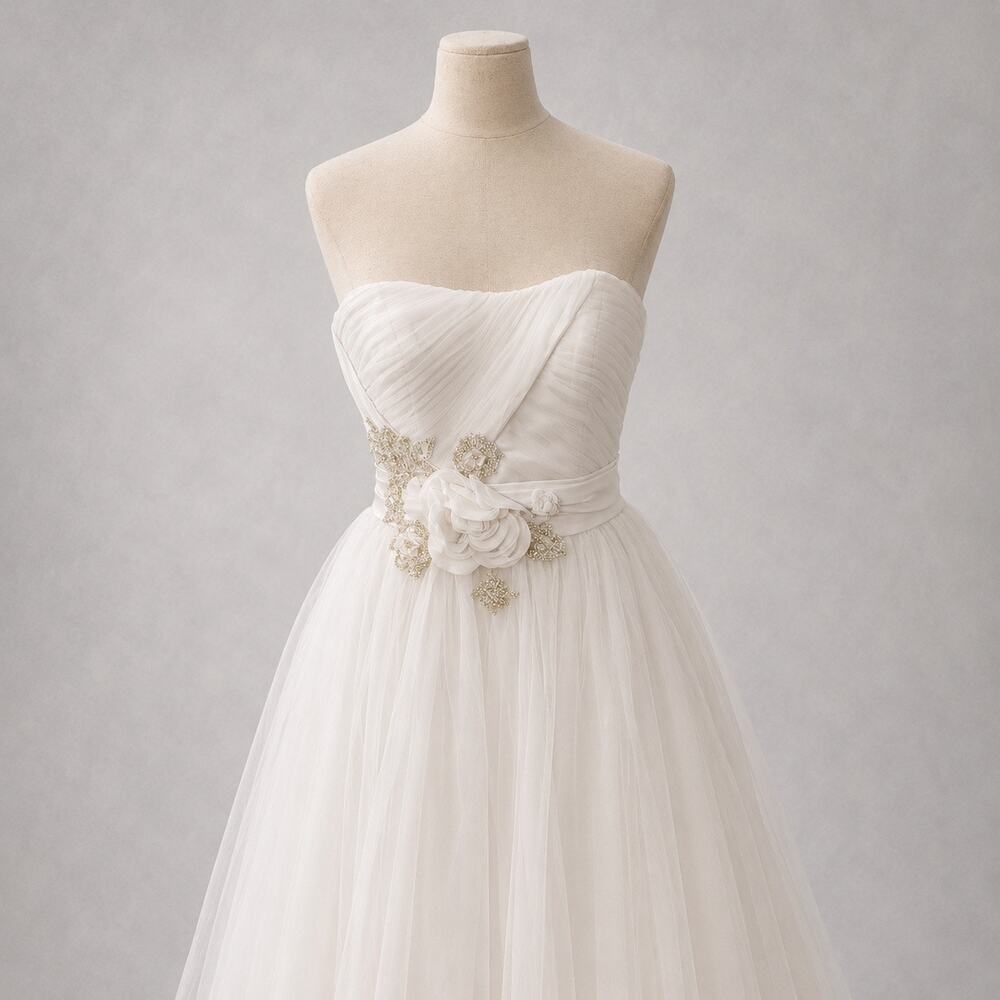 Tulle Ballgown Strapless with floral beaded sash waistline | Size 4
